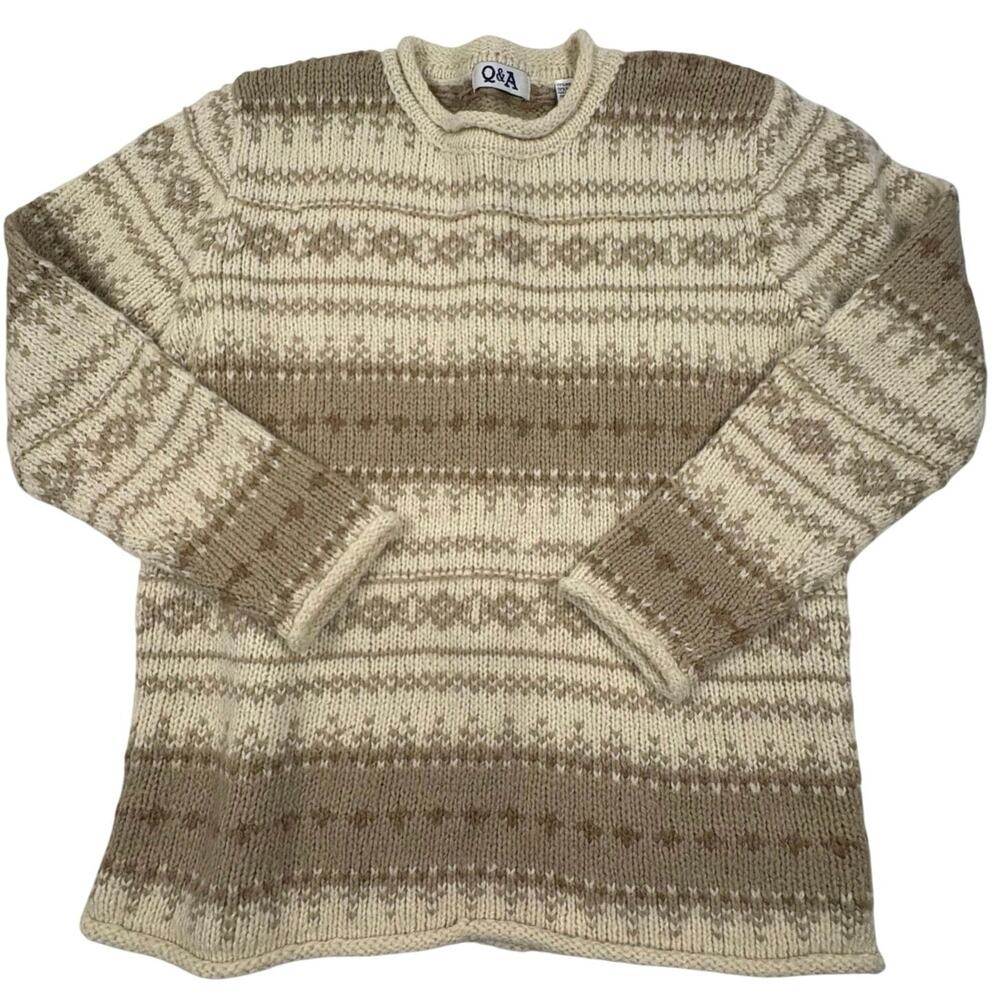 Q&A Vintage 90s Fair Isle Roll Neck Sweater Women's S Beige Cream Nordic Knit